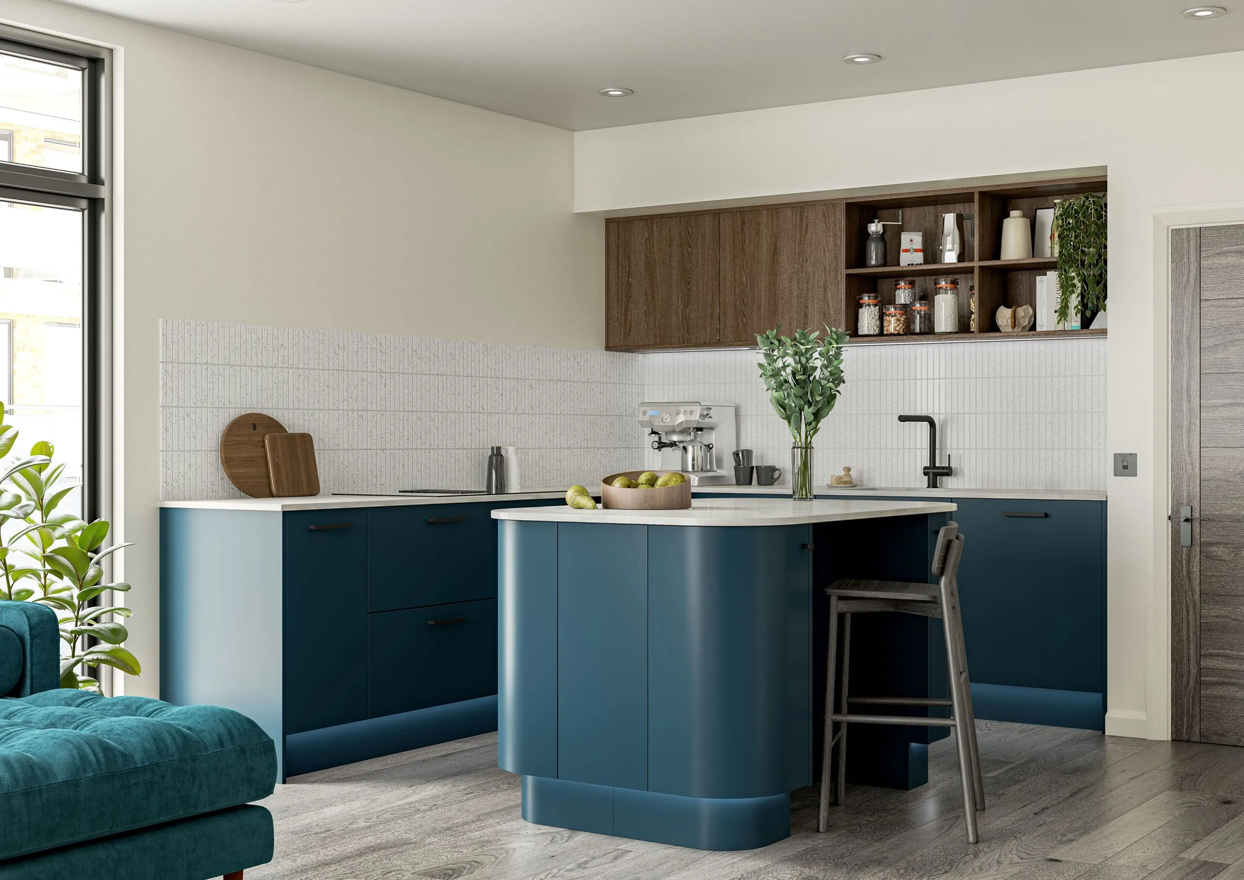 Blue handleless kitchen cabinetry