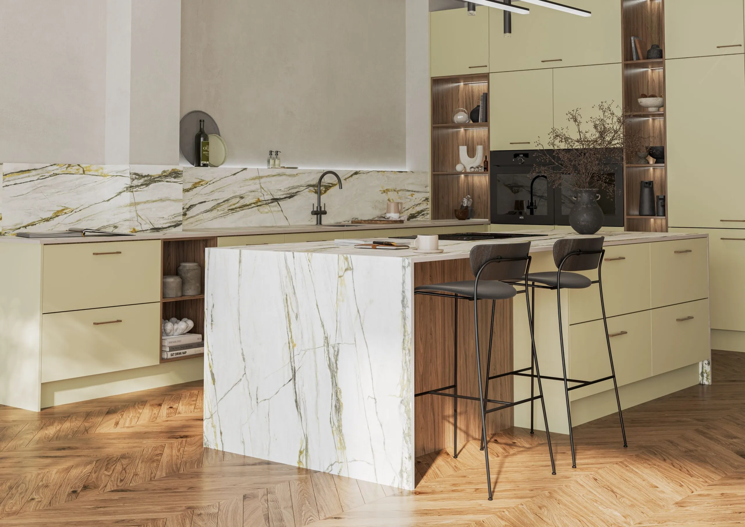 Pale green cabinetry 