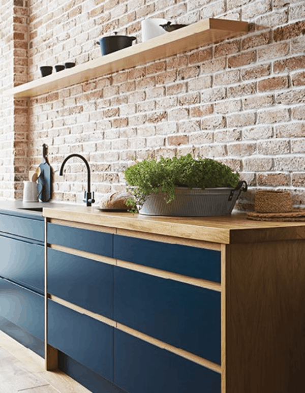 Blue Handleless kitchen with a plant John Lewis of Hungerford