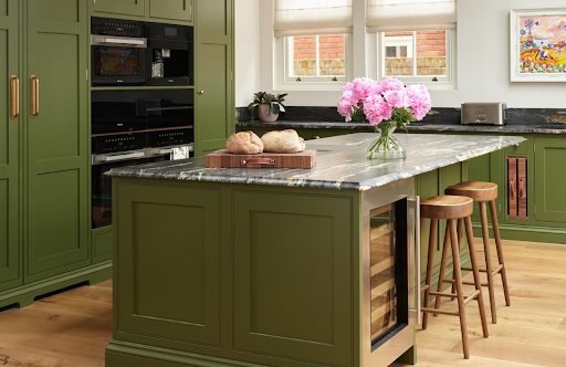 green kitchen island with view