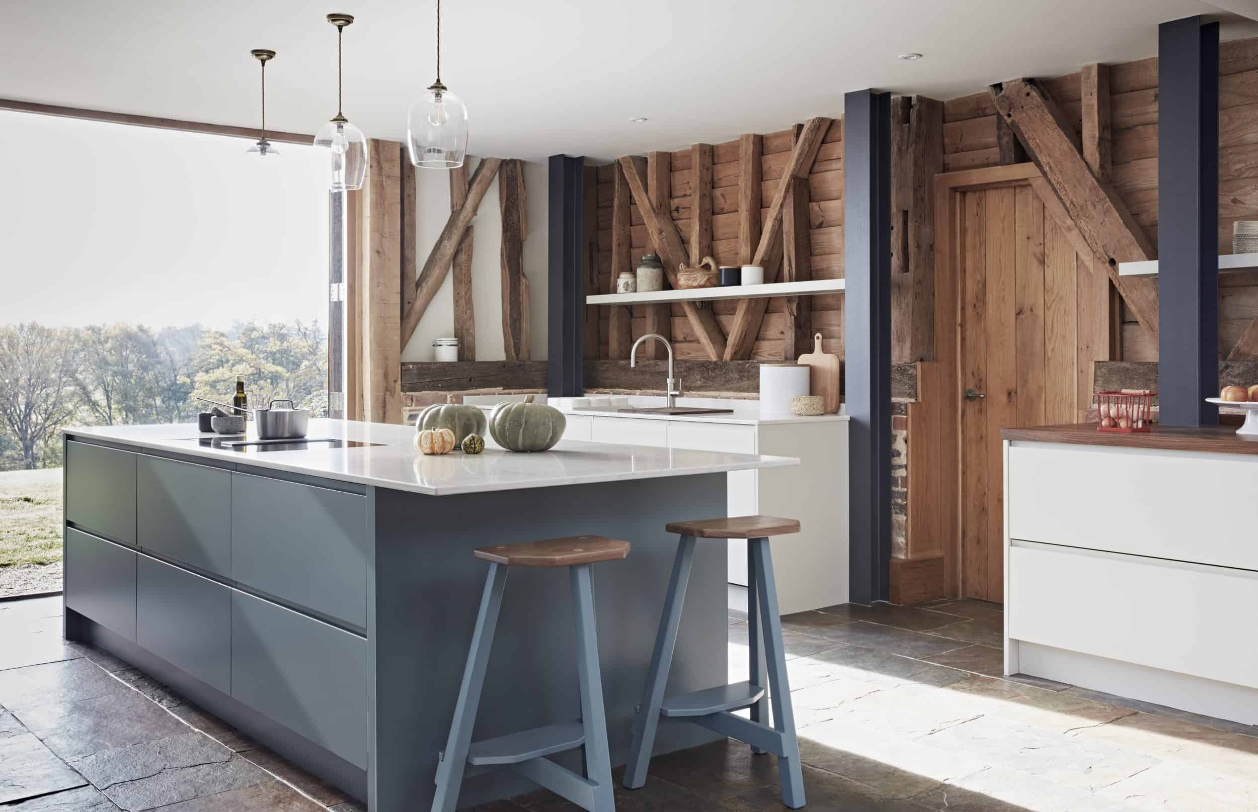 John Lewis of Hungerford cottage kitchen barn style with blue kitchen island and white worktops