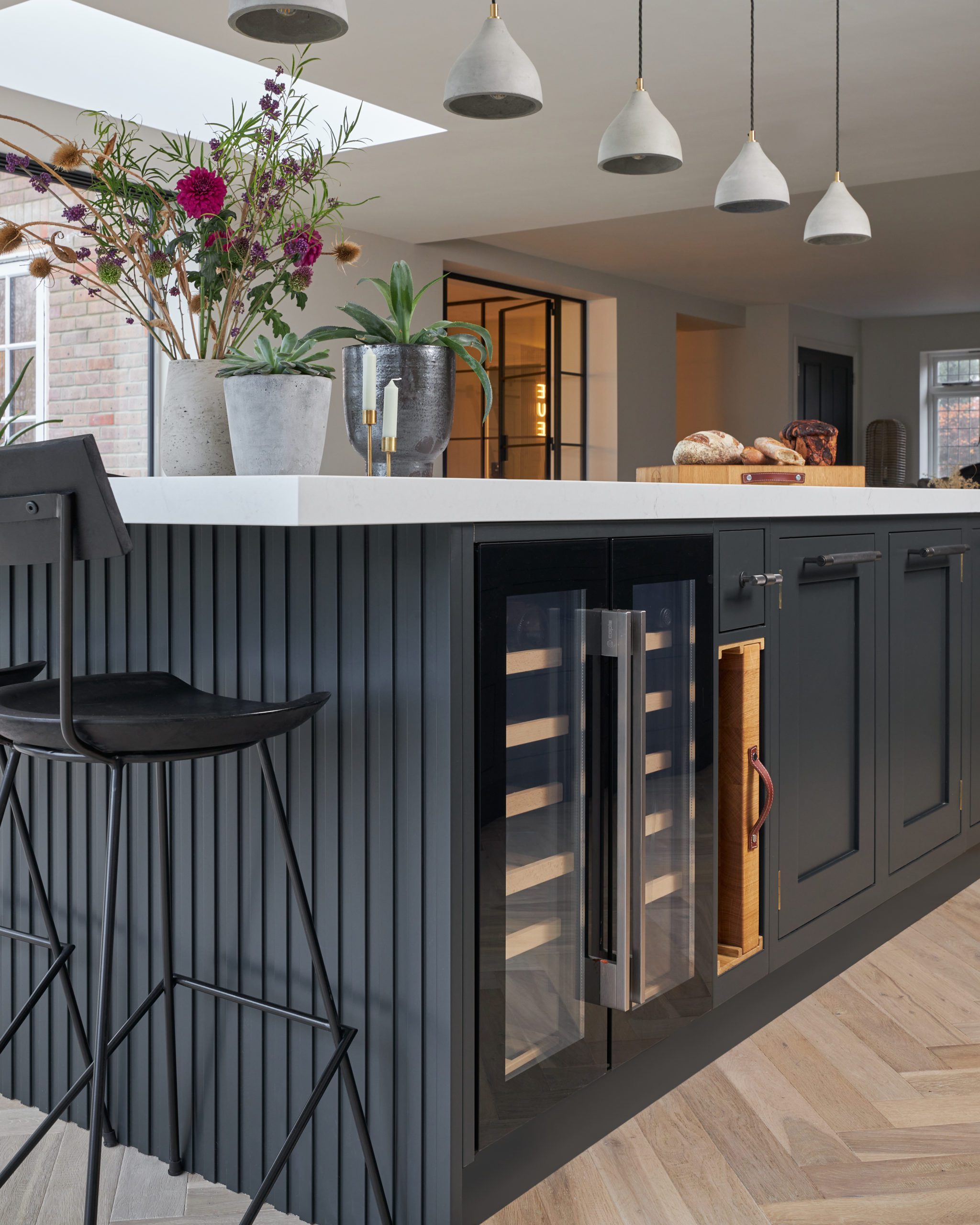 John Lewis of Hungerford luxury Shaker kitchen with grey kitchen island with wine cooler