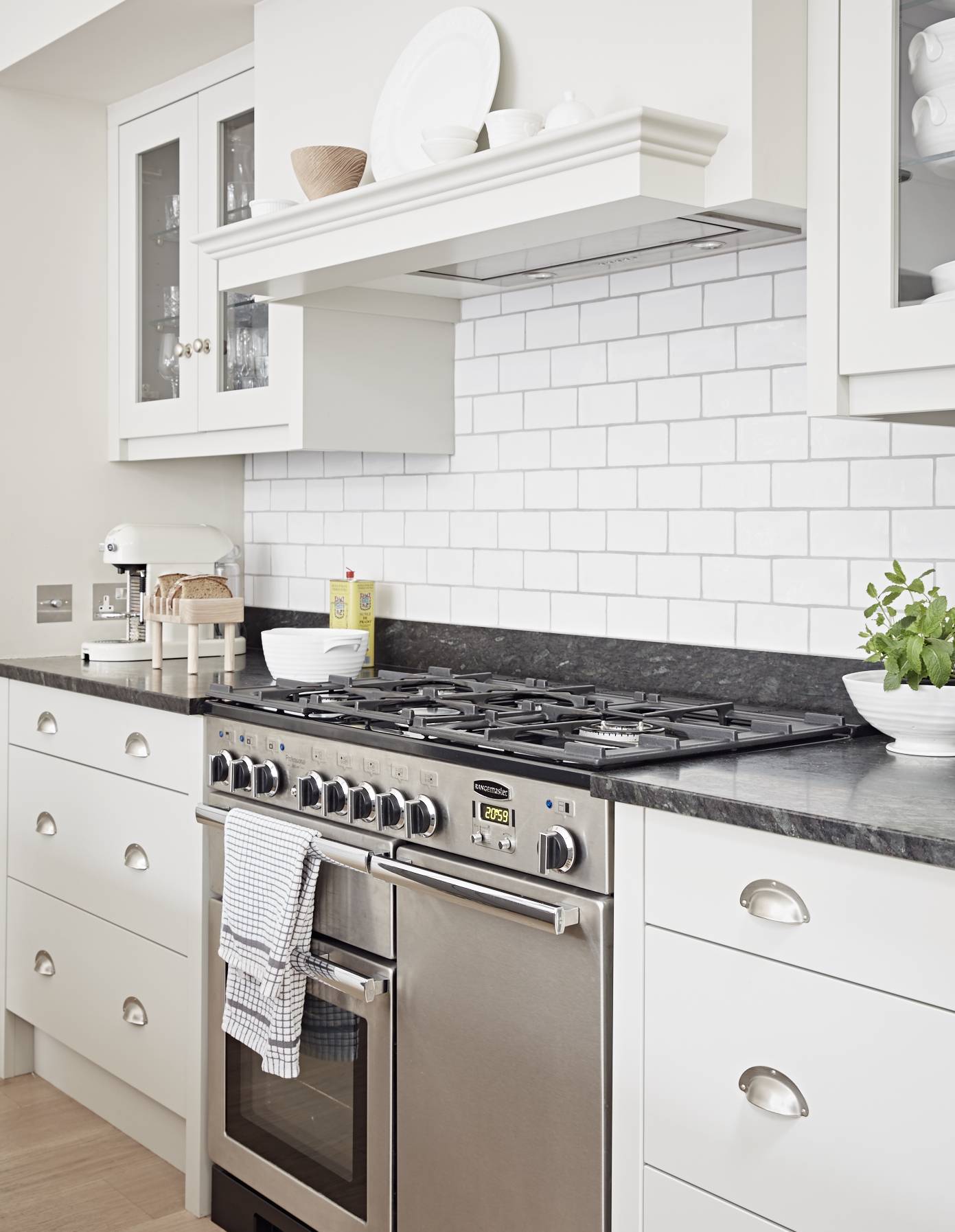 John Lewis of Hungerford luxury Shaker kitchen in white and grey with integrated cooker