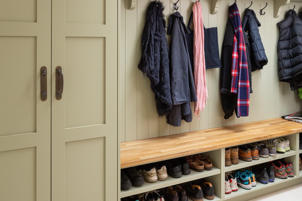Entryway With Shaker Cabinet, Green Backsplash And Wooden Bench