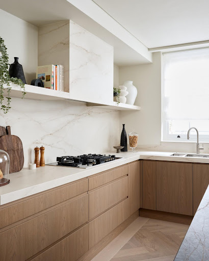 White kitchen with wooden cabins